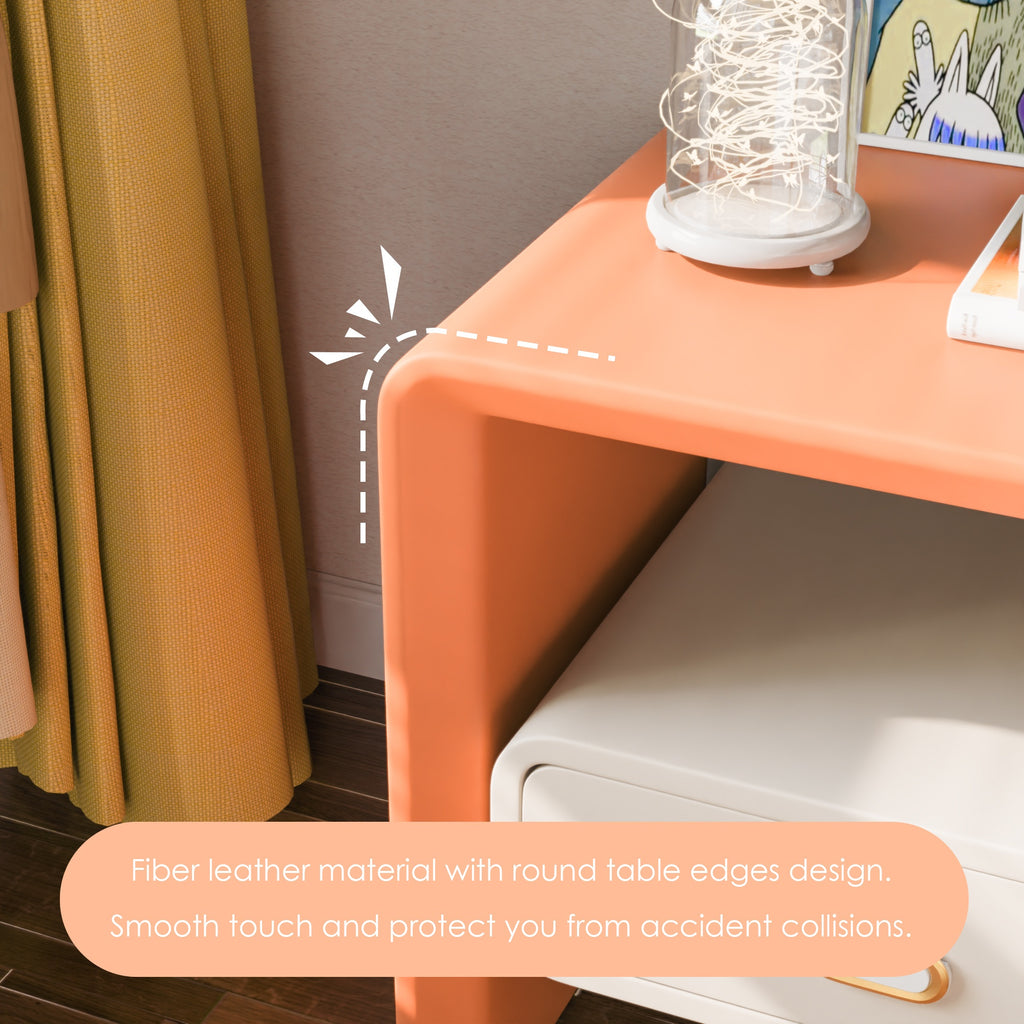 Hollow Solid Wood Nightstand With Drawers And Bedroom Storage, Bedroom Furniture, Orange + White