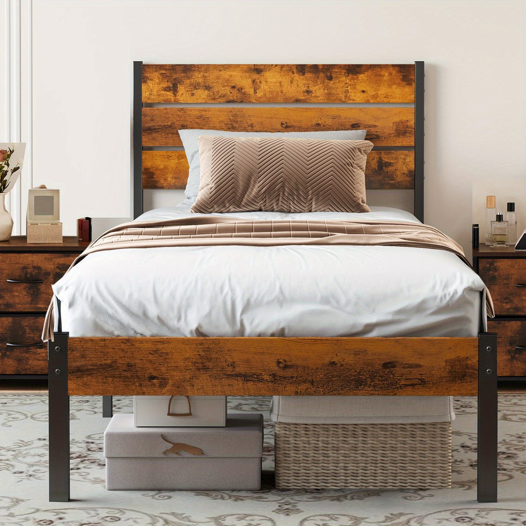 Metal Frame Bed Frame with Headboard, No Box Spring, Has Sturdy Wood Slats to Support 800 Lbs, Can Be Purchased Separately Or with a 2pcs Bedside Organizer (Fabric Drawer with 2 Storage Unit Compartments), Suitable for Bedroom, Living Room