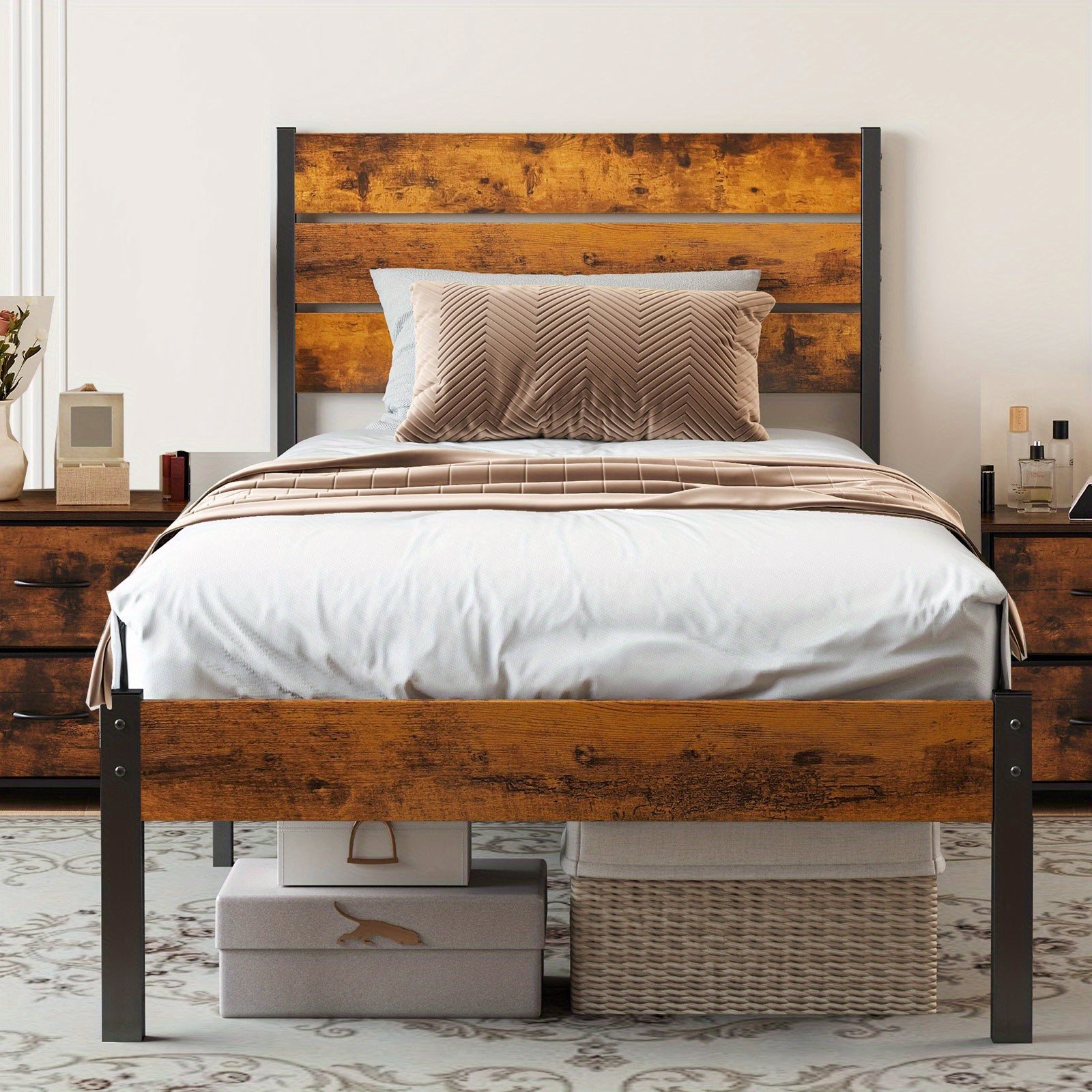 Metal Frame Bed Frame with Headboard, No Box Spring, Has Sturdy Wood Slats to Support 800 Lbs, Can Be Purchased Separately Or with a 2pcs Bedside Organizer (Fabric Drawer with 2 Storage Unit Compartments), Suitable for Bedroom, Living Room