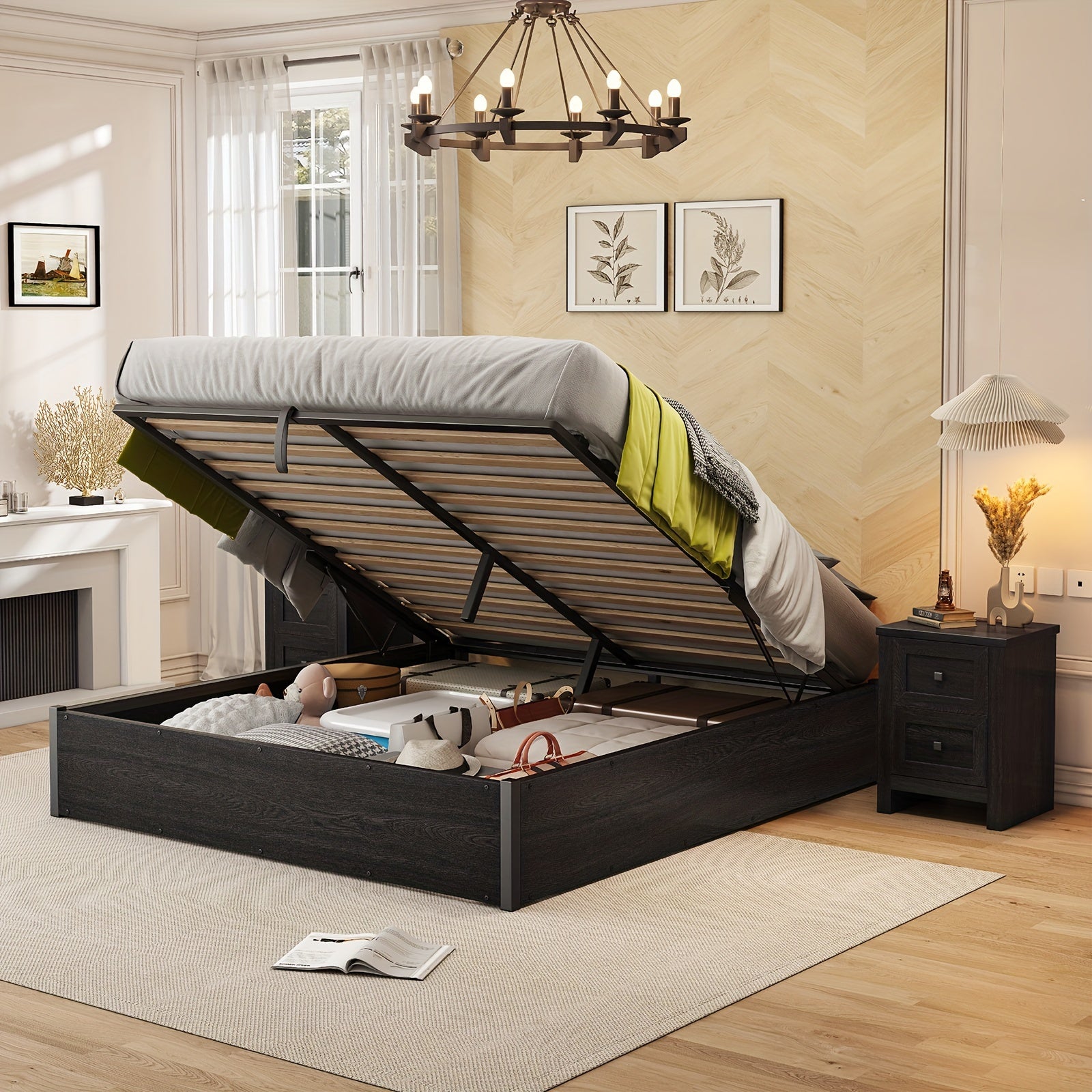 Lift Up Storage Bed with Storage Underneath, Wooden Platform Bed Frame, Solid Wood Slats Support, No Fixed Headboard, No Box Spring Needed