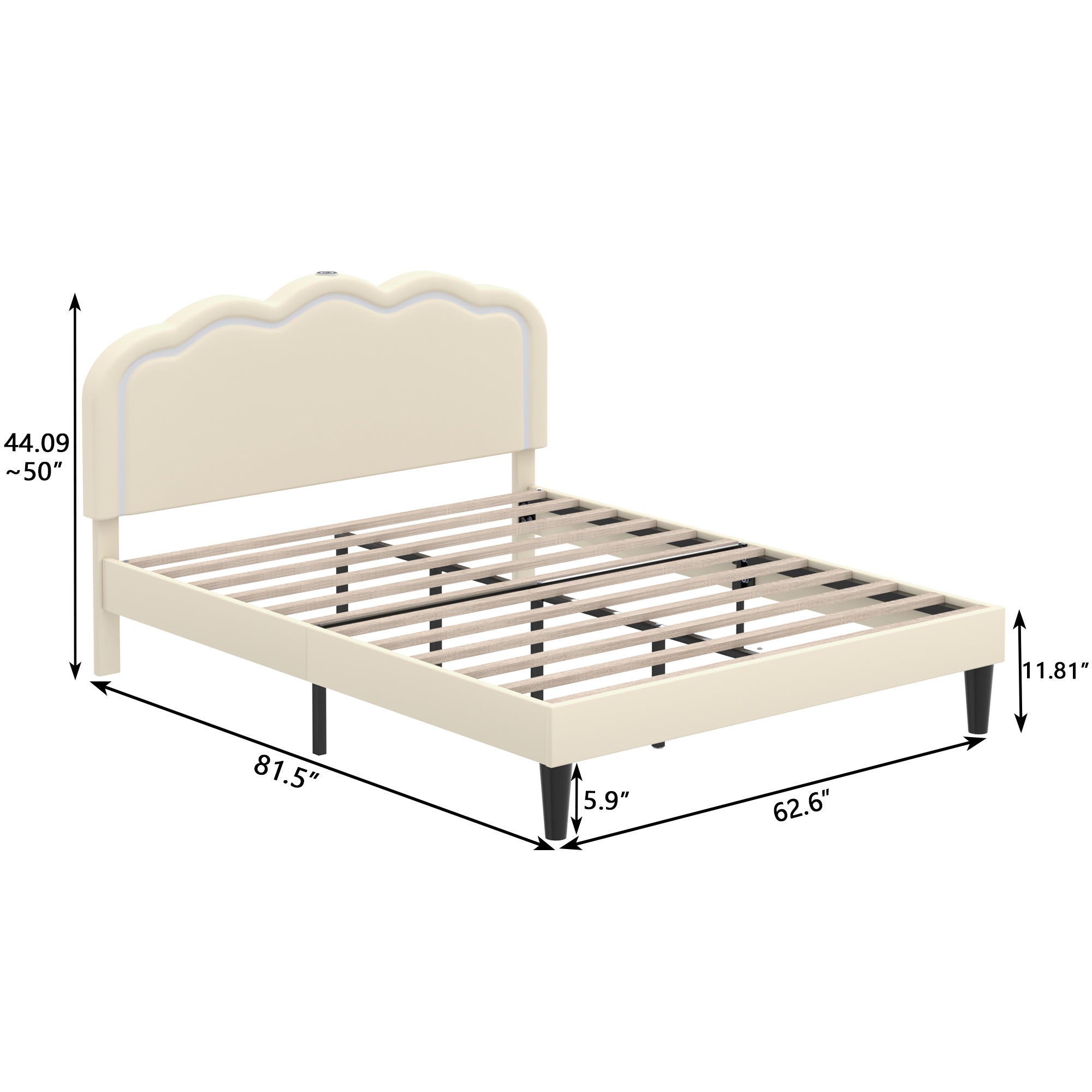 VECELO Twin\u002FFull\u002FQueen Size Upholstered Bed Frame with Headboard Adjustable, USB-A and Type-C, Wooden Slats Support, Beige