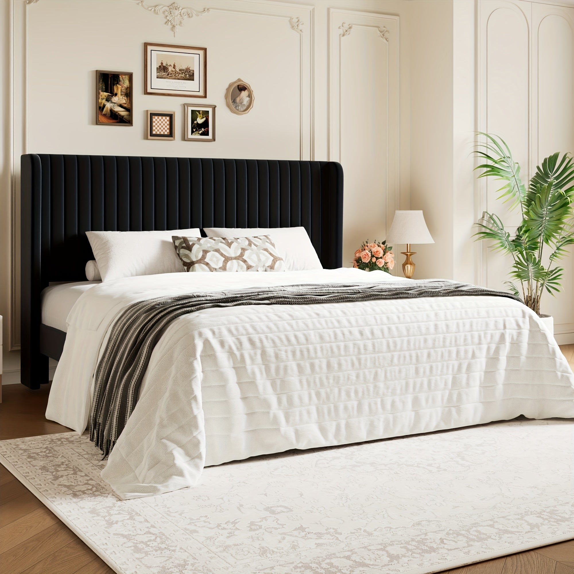 WEEWAY Wingback Velvet Upholstered Platform Bed Frame, Vertical Channel Tufted Headboard, Wooden Slats Support, Heavy Duty Mattress Foundation, No Box Spring Needed, Easy Assembly, Avabliable Full\u002FQueen\u002FKing Size, Free Shipping