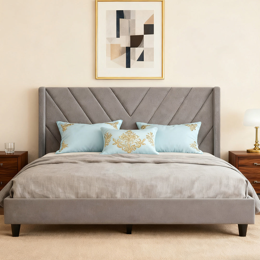Costoffs Upholstered Bed Frame Platform Bed with Wing Edge, Twin\u002FFull\u002FQueen Size, Bed Frame with Headboard, Sturdy Mattress Support, No Box Spring Required, Local Warehouse, Beige\u002FGray\u002FPink\u002FBlue, Christmas Gift Christmas Furniture