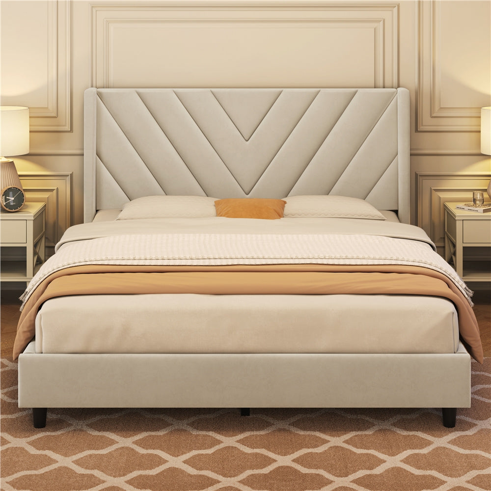 Costoffs Upholstered Bed Frame Platform Bed with Wing Edge, Twin\u002FFull\u002FQueen Size, Bed Frame with Headboard, Sturdy Mattress Support, No Box Spring Required, Local Warehouse, Beige\u002FGray\u002FPink\u002FBlue, Christmas Gift Christmas Furniture