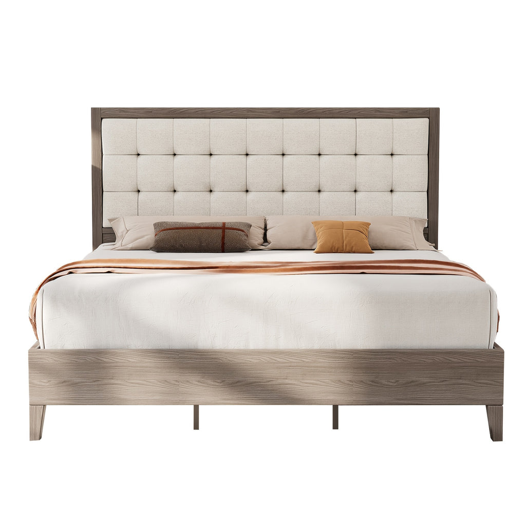PaPaJet Wood Bed with Headboard Platform Bed Upholstered Tufted Headboard\u002FSolid Wood Bed No Box Spring Needed
