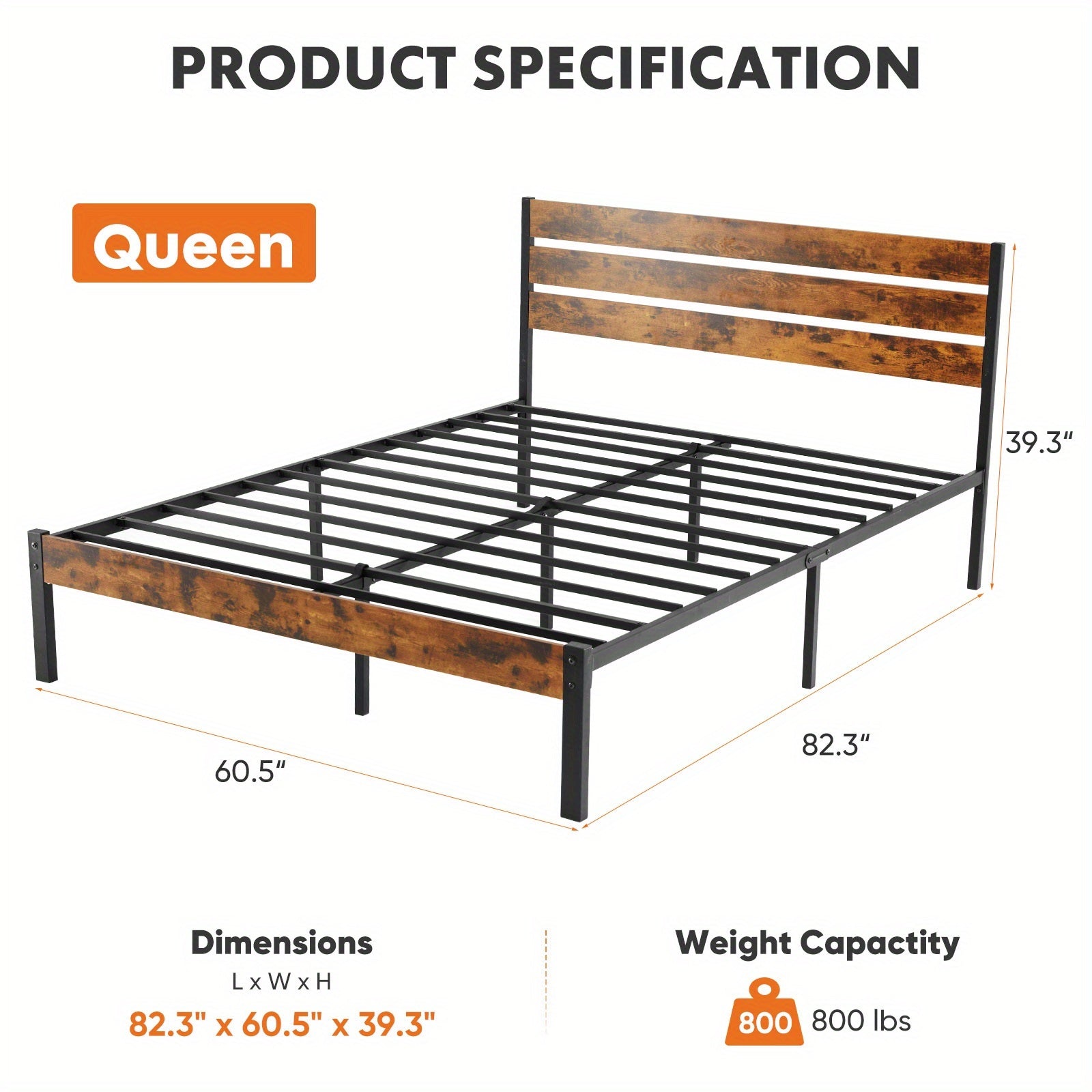 Metal Frame Bed Frame with Headboard, No Box Spring, Has Sturdy Wood Slats to Support 800 Lbs, Can Be Purchased Separately Or with a 2pcs Bedside Organizer (Fabric Drawer with 2 Storage Unit Compartments), Suitable for Bedroom, Living Room
