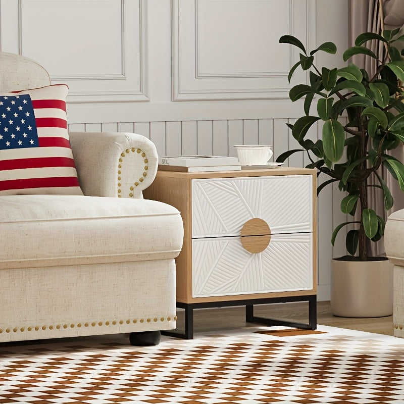 Mid-Century Modern Two-Drawer Nightstand with Carved White Textured Panels, Wooden Handles & Sturdy Metal Legs – 20.8\