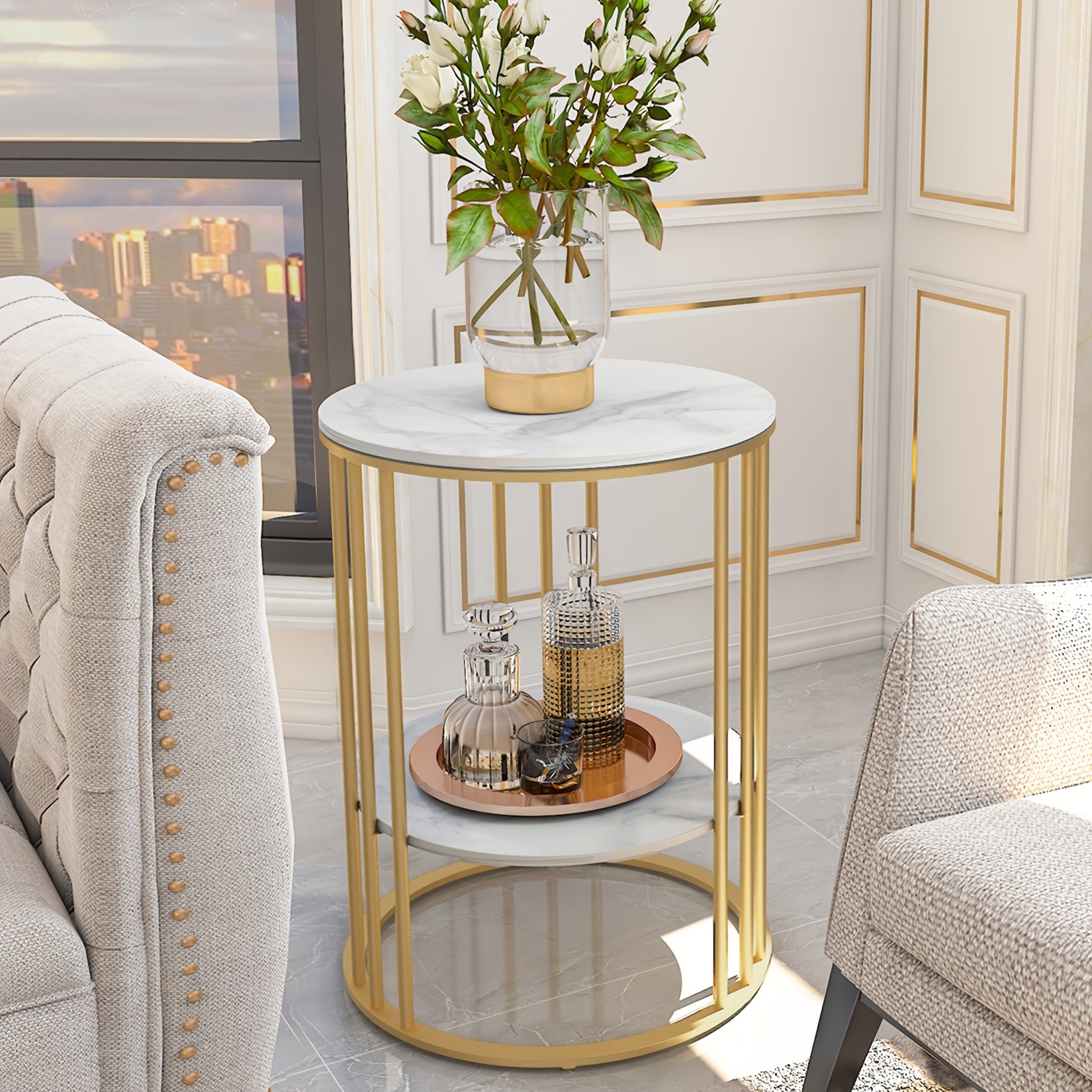 AESOME 2 Tier Modern Round Sintered Stone End Table White Sofa Side Table Small Coffee Table with Golden Frame - Modern Bedside Nightstand for Living Room Bedroom Small Spaces, Easy Assembly