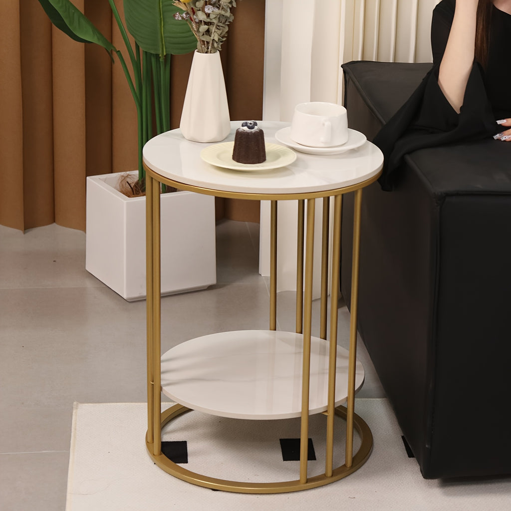 AESOME 2 Tier Modern Round Sintered Stone End Table White Sofa Side Table Small Coffee Table with Golden Frame - Modern Bedside Nightstand for Living Room Bedroom Small Spaces, Easy Assembly