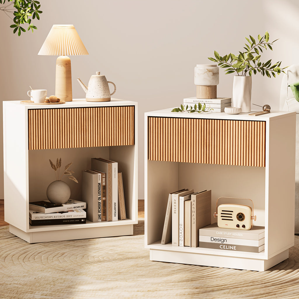 Set of 2 Modern Mid-Century White & Oak Fluted Nightstands - Bedside Tables with Drawer & Open Shelf, Particleboard &, Space-Saving End Tables for Bedroom, Living Room, Office, Sofa Side (Easy Assembly)