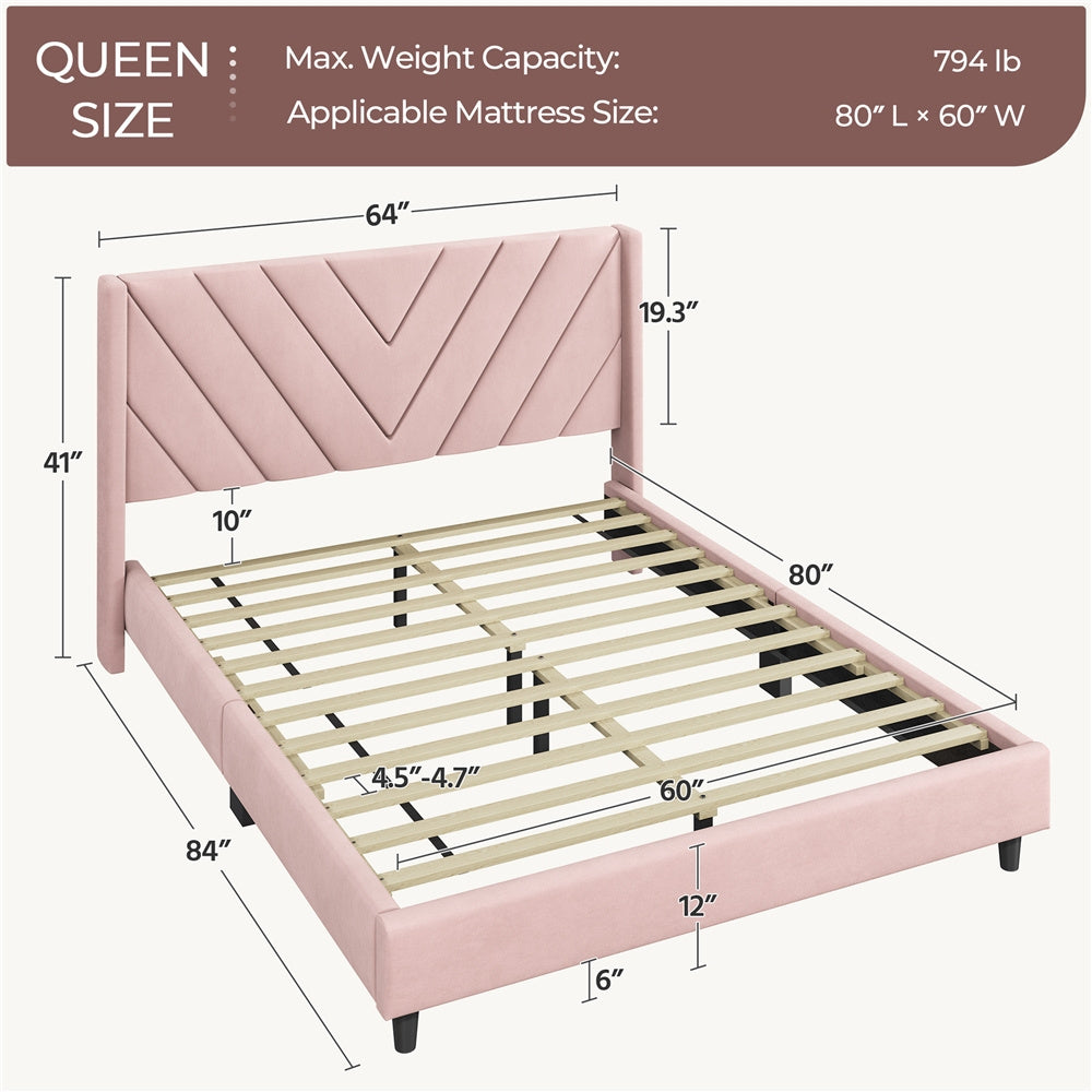 Costoffs Upholstered Bed Frame Platform Bed with Wing Edge, Twin\u002FFull\u002FQueen Size, Bed Frame with Headboard, Sturdy Mattress Support, No Box Spring Required, Local Warehouse, Beige\u002FGray\u002FPink\u002FBlue, Christmas Gift Christmas Furniture