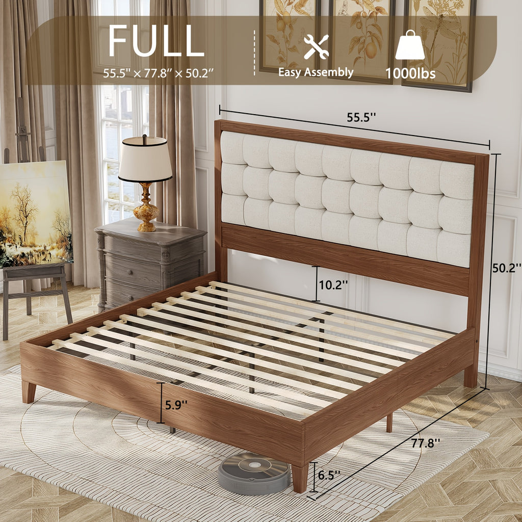 PaPaJet Wood Bed with Headboard Platform Bed Upholstered Tufted Headboard\u002FSolid Wood Bed No Box Spring Needed