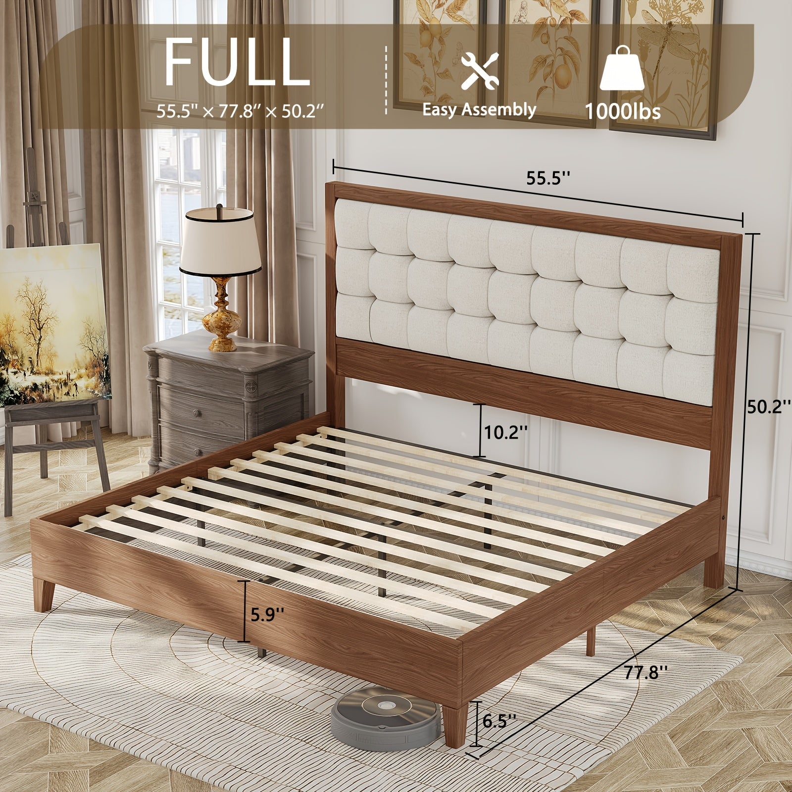 PaPaJet Wood Bed with Headboard Platform Bed Upholstered Tufted Headboard\u002FSolid Wood Bed No Box Spring Needed