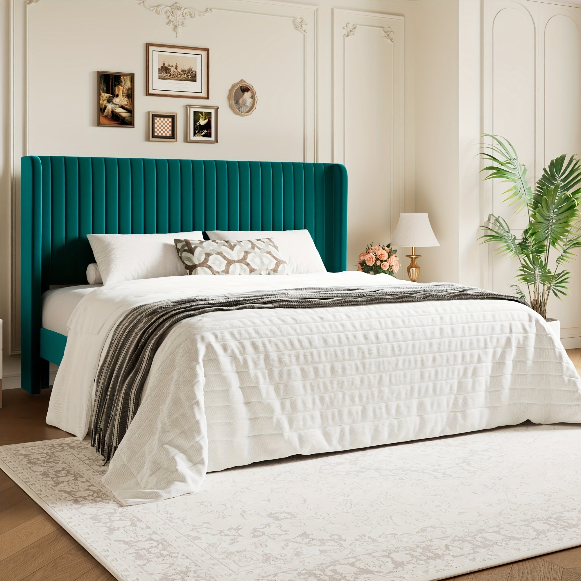 WEEWAY Wingback Velvet Upholstered Platform Bed Frame, Vertical Channel Tufted Headboard, Wooden Slats Support, Heavy Duty Mattress Foundation, No Box Spring Needed, Easy Assembly, Avabliable Full\u002FQueen\u002FKing Size, Free Shipping