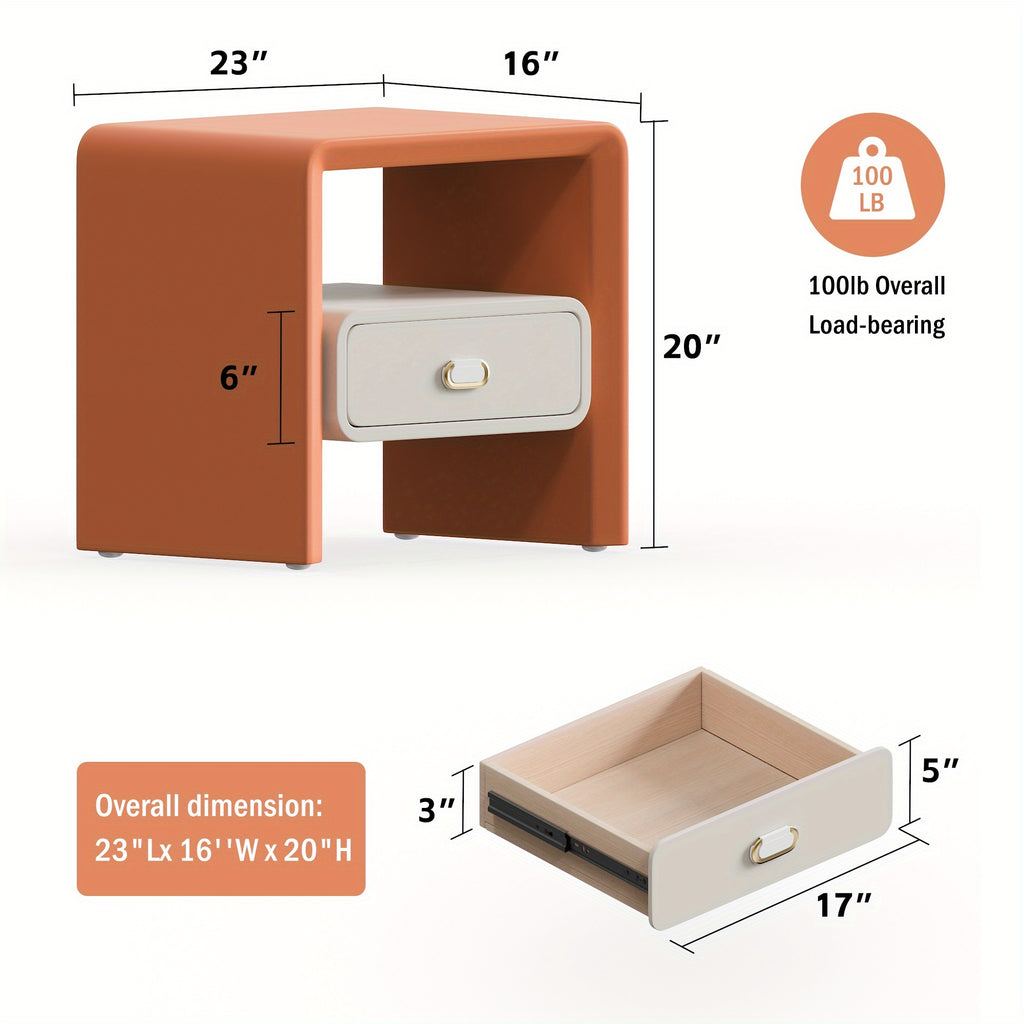 Hollow Solid Wood Nightstand With Drawers And Bedroom Storage, Bedroom Furniture, Orange + White