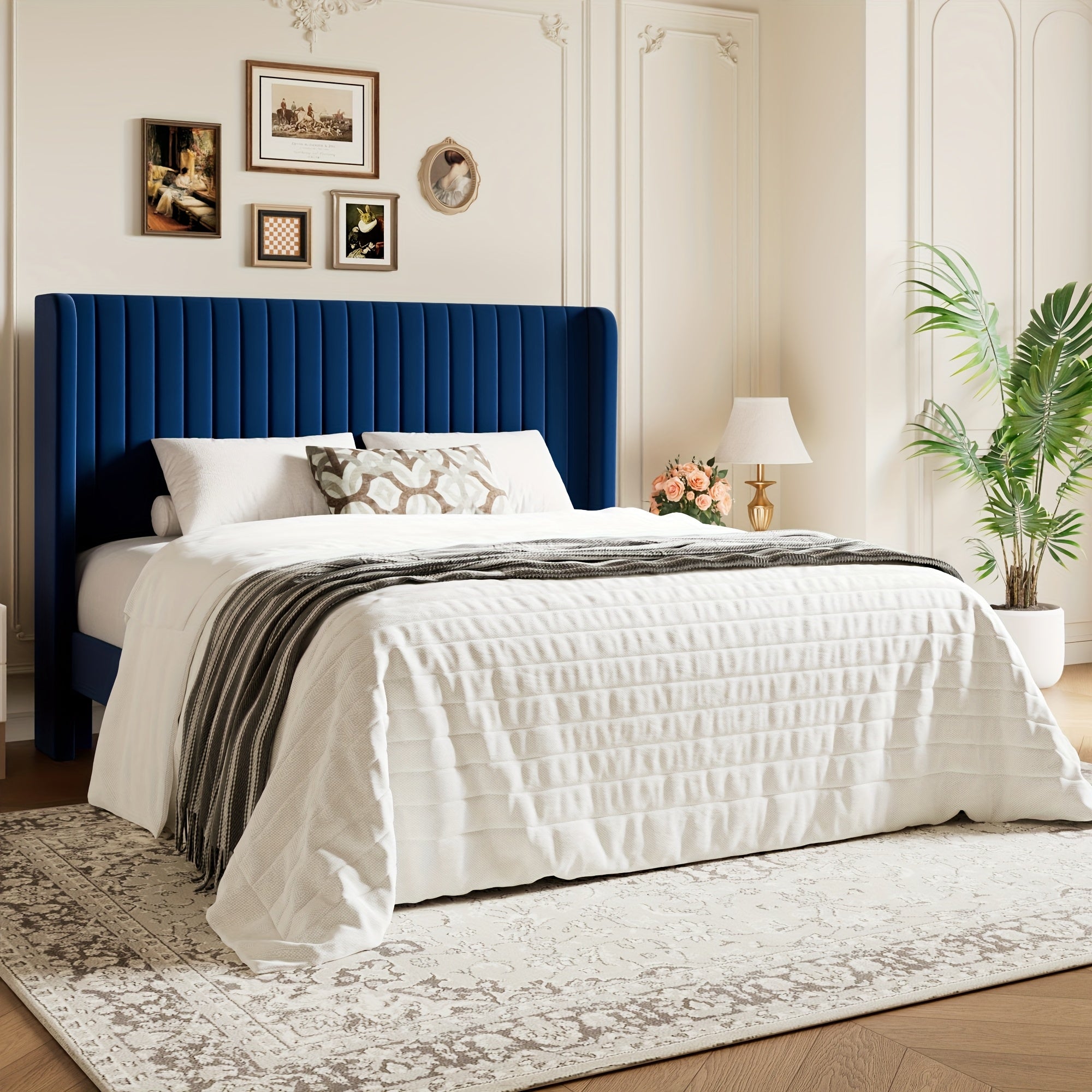 WEEWAY Wingback Velvet Upholstered Platform Bed Frame, Vertical Channel Tufted Headboard, Wooden Slats Support, Heavy Duty Mattress Foundation, No Box Spring Needed, Easy Assembly, Avabliable Full\u002FQueen\u002FKing Size, Free Shipping