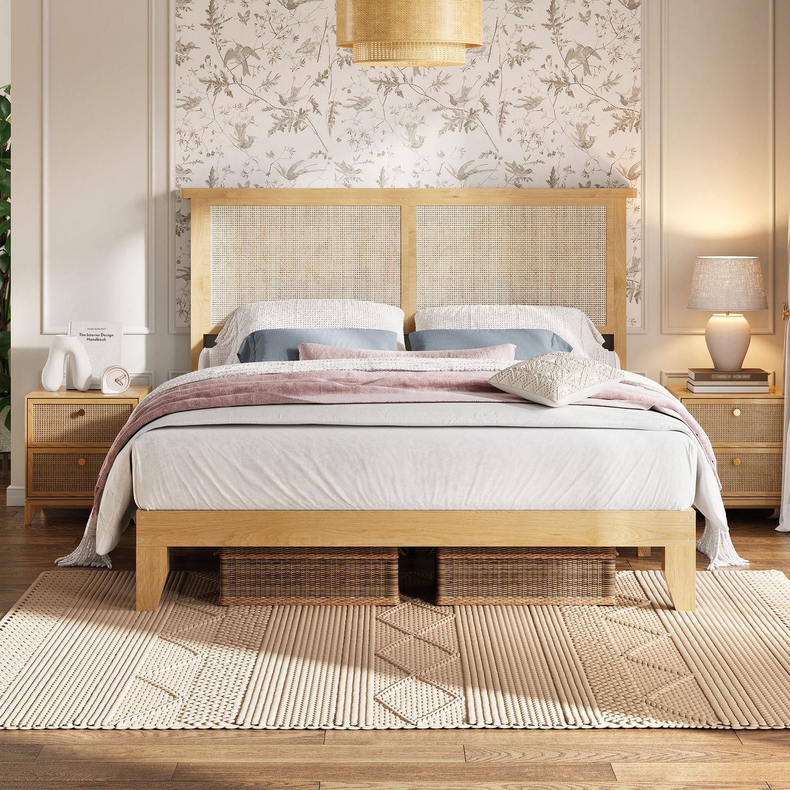 Full Size Bed Frame with Natural Rattan Headboard & LED - Full Rattan Platform Bed Base, No Box Spring Needed, Easy Assembly Modern Platform Bed Suitable for Mattress Foundation, Contemporary Furniture for Living Room Centerpiece