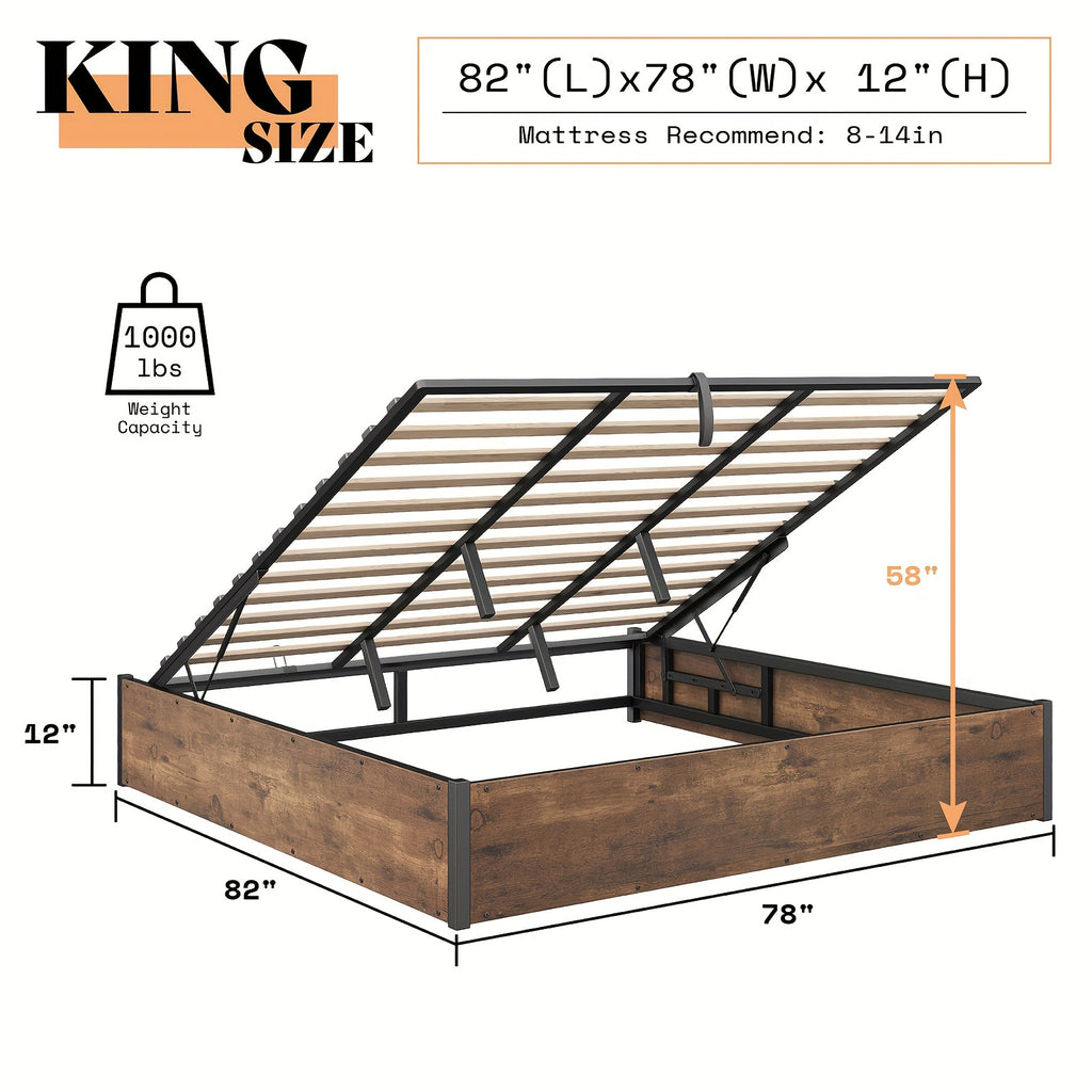 Lift Up Storage Bed with Storage Underneath, Wooden Platform Bed Frame, Solid Wood Slats Support, No Fixed Headboard, No Box Spring Needed
