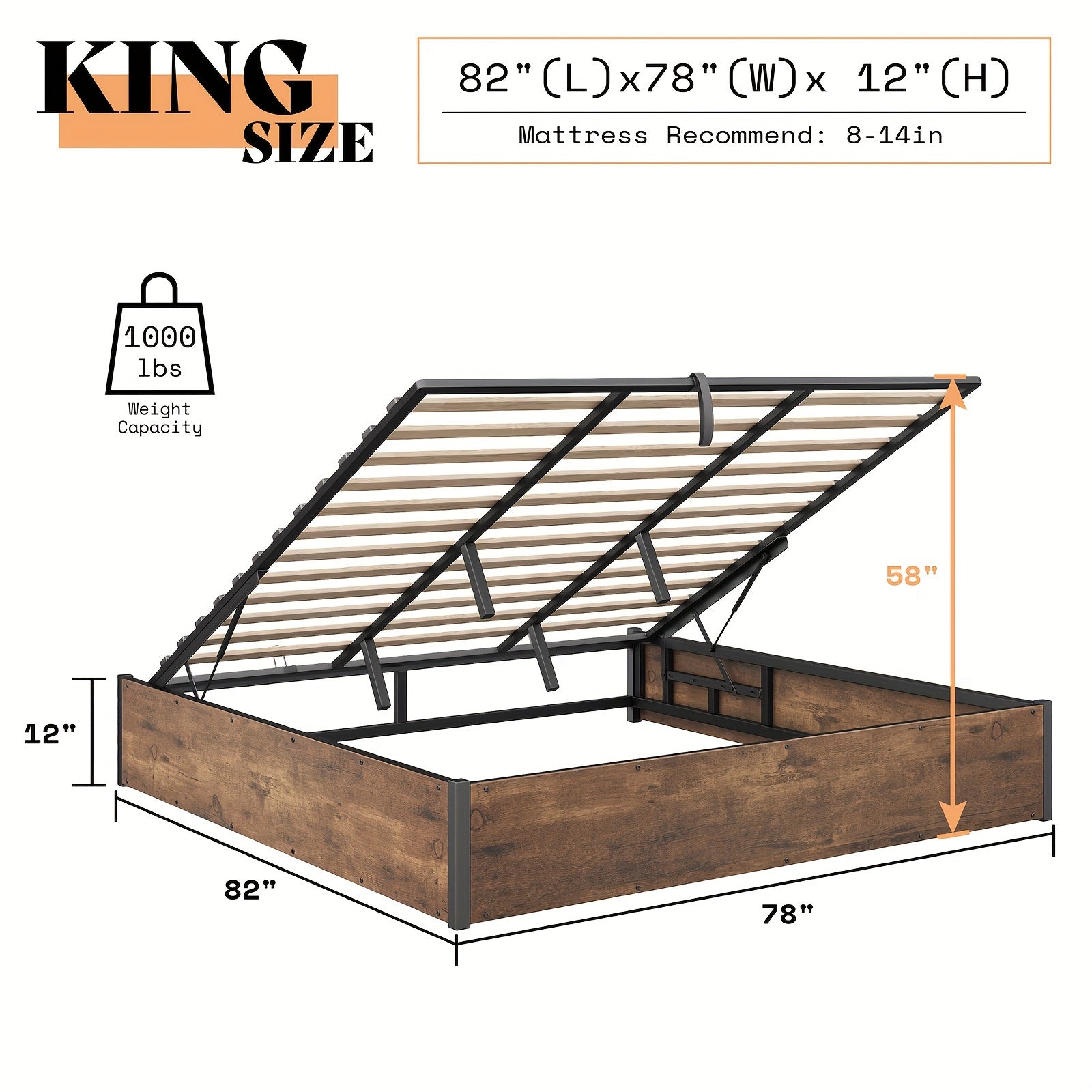 Lift Up Storage Bed with Storage Underneath, Wooden Platform Bed Frame, Solid Wood Slats Support, No Fixed Headboard, No Box Spring Needed