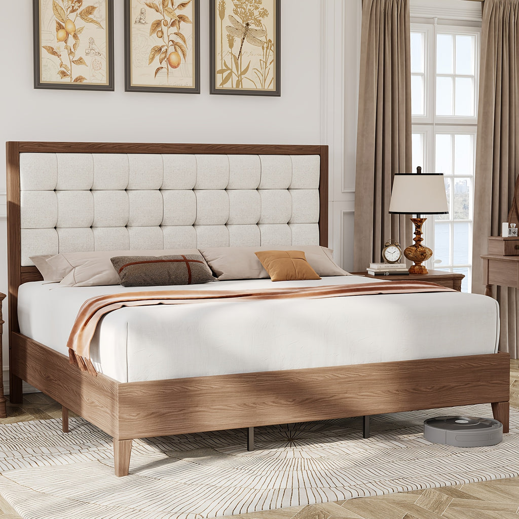 PaPaJet Wood Bed with Headboard Platform Bed Upholstered Tufted Headboard\u002FSolid Wood Bed No Box Spring Needed