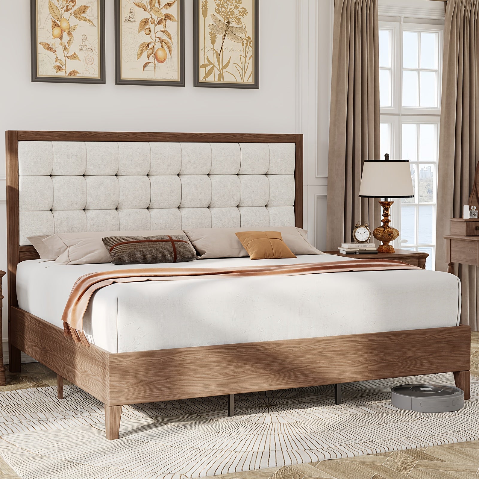 PaPaJet Wood Bed with Headboard Platform Bed Upholstered Tufted Headboard\u002FSolid Wood Bed No Box Spring Needed