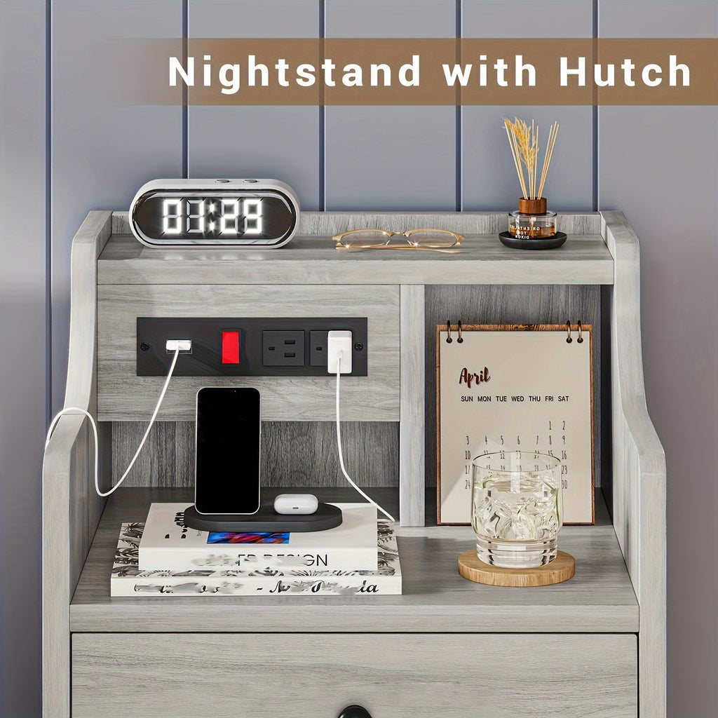 Nightstand with Charging Station, 2 USB Ports & 2 Outlets, Grey Nightstands with Hutch and 3 Drawers, Bedroom End Table