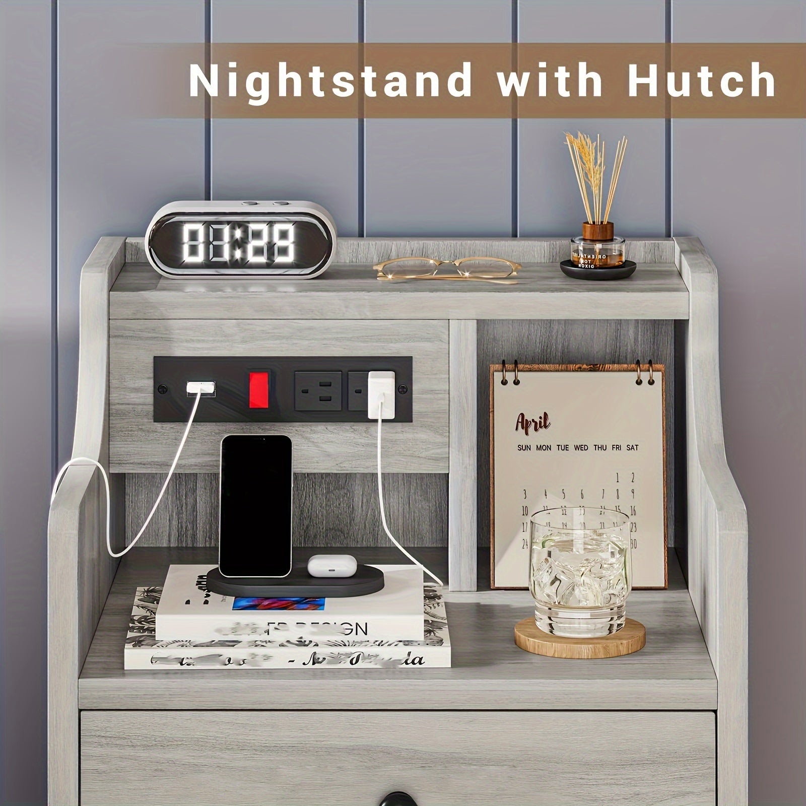 Nightstand with Charging Station, 2 USB Ports & 2 Outlets, Grey Nightstands with Hutch and 3 Drawers, Bedroom End Table