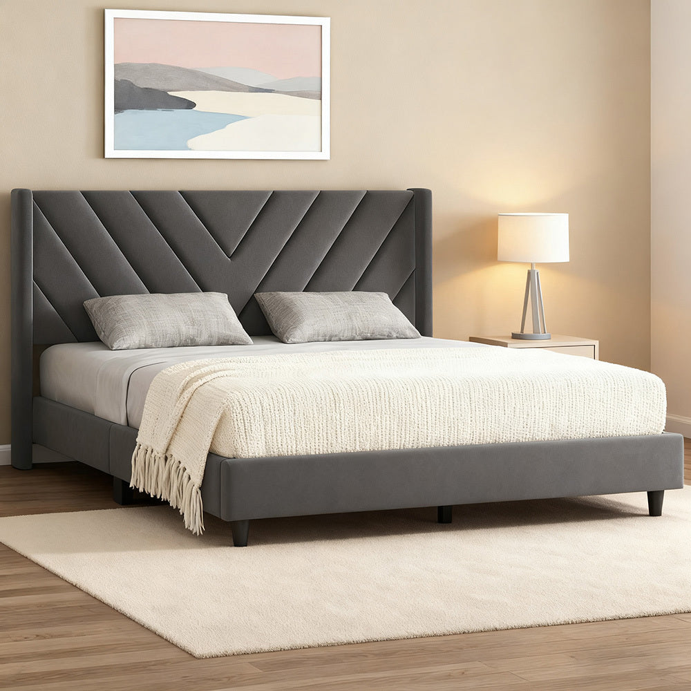Costoffs Upholstered Bed Frame Platform Bed with Wing Edge, Twin\u002FFull\u002FQueen Size, Bed Frame with Headboard, Sturdy Mattress Support, No Box Spring Required, Local Warehouse, Beige\u002FGray\u002FPink\u002FBlue, Christmas Gift Christmas Furniture