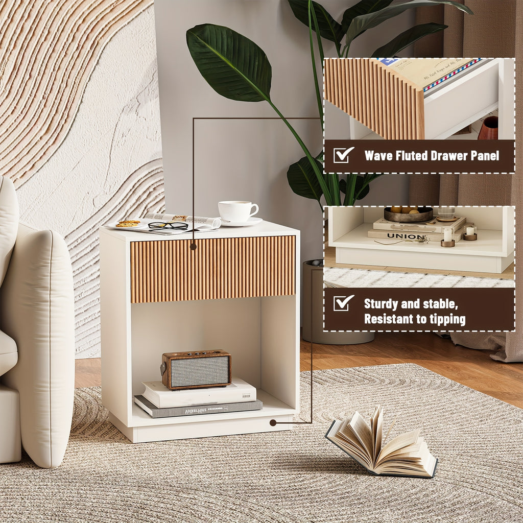 Set of 2 Modern Mid-Century White & Oak Fluted Nightstands - Bedside Tables with Drawer & Open Shelf, Particleboard &, Space-Saving End Tables for Bedroom, Living Room, Office, Sofa Side (Easy Assembly)