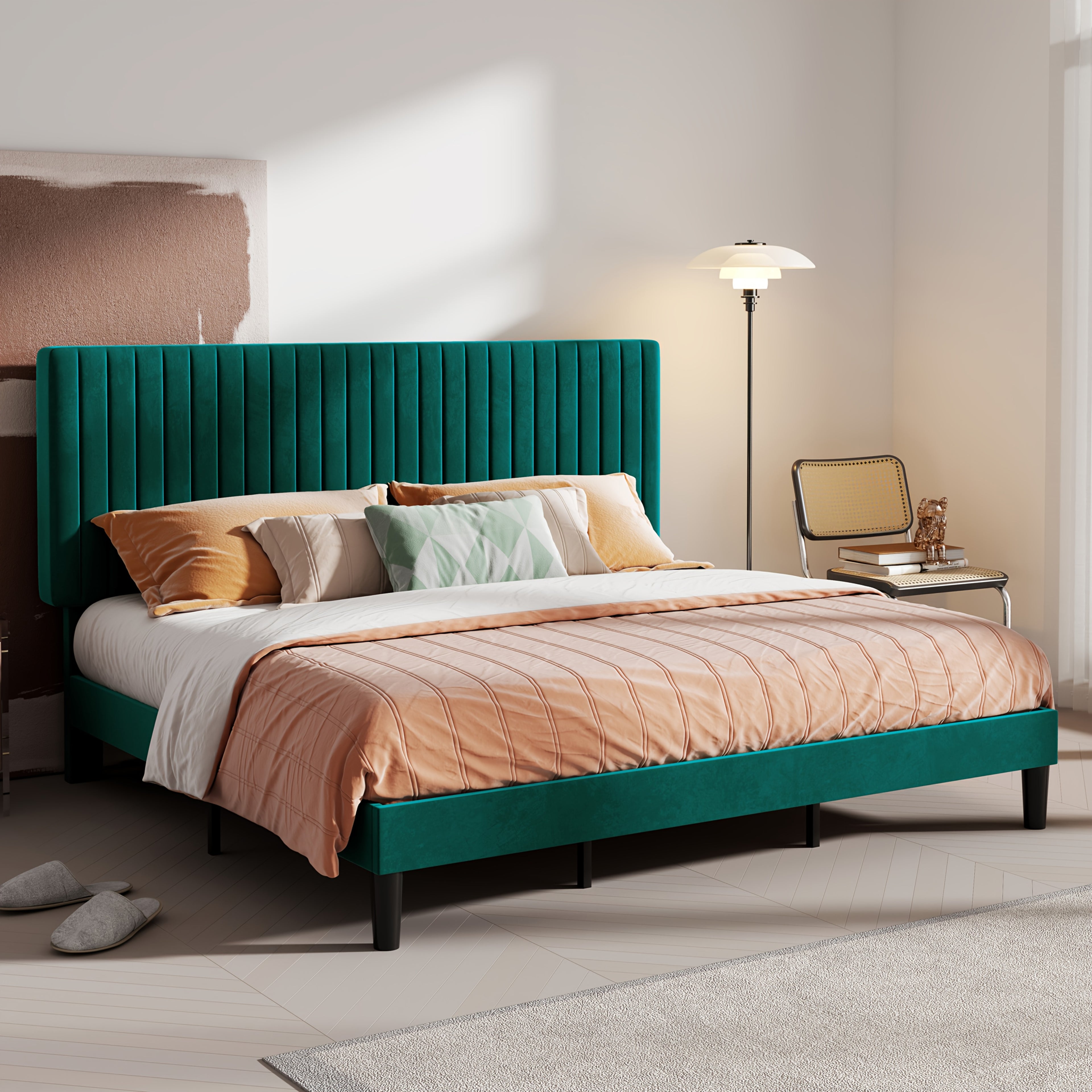 HOOMIC Velvet Upholstered Bed Frame with Adjustable Headboard, Contemporary Platform Bed Featuring Vertical Channel Tufting, Wooden Slats for Support, Optional Box Spring, Ideal for Home Bedroom Furniture, Free Shipping Available