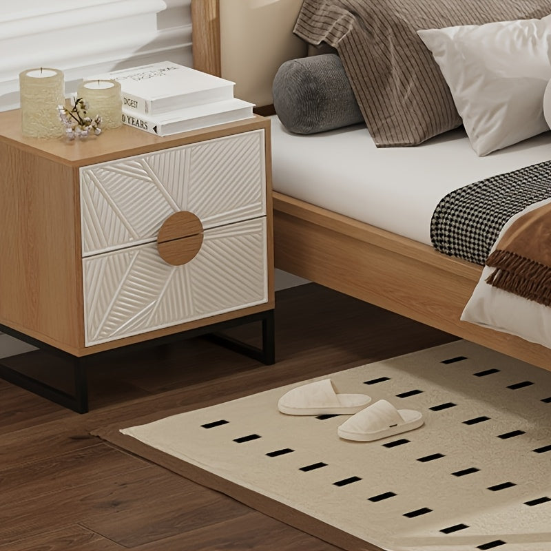 Mid-Century Modern Two-Drawer Nightstand with Carved White Textured Panels, Wooden Handles & Sturdy Metal Legs – 20.8\