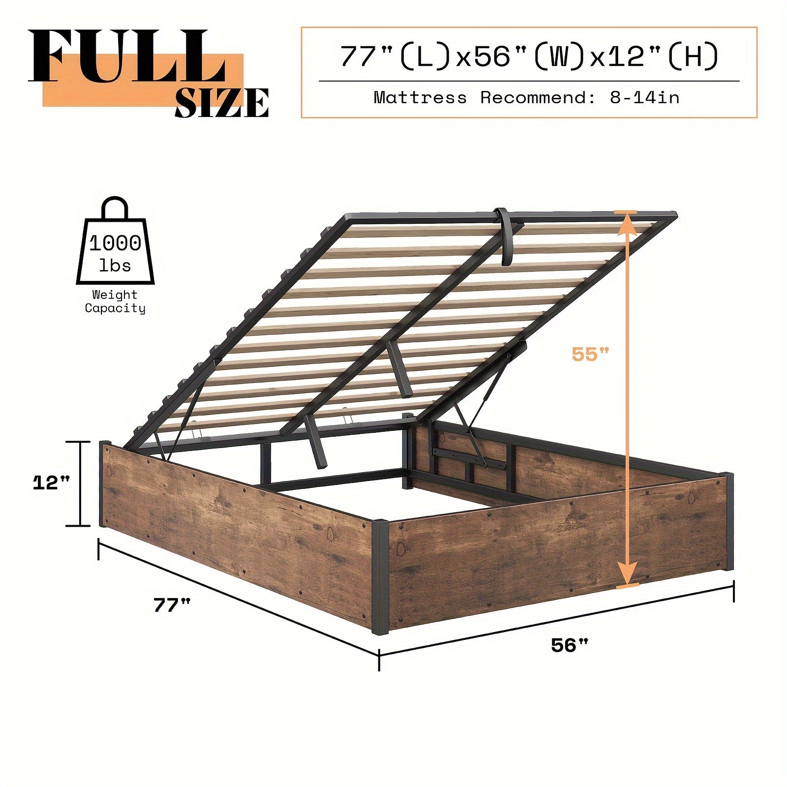 Lift Up Storage Bed with Storage Underneath, Wooden Platform Bed Frame, Solid Wood Slats Support, No Fixed Headboard, No Box Spring Needed
