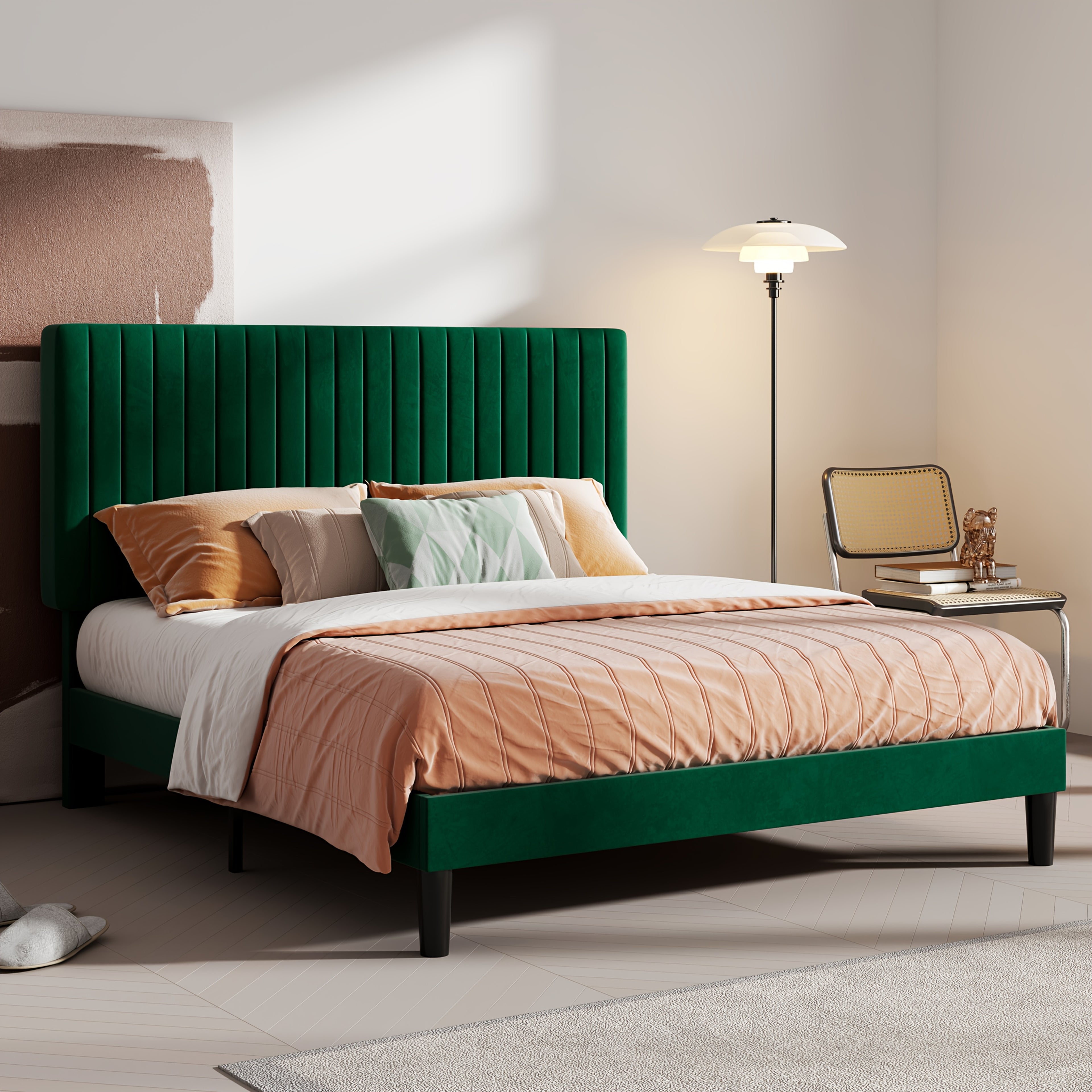 HOOMIC Velvet Upholstered Bed Frame with Adjustable Headboard, Contemporary Platform Bed Featuring Vertical Channel Tufting, Wooden Slats for Support, Optional Box Spring, Ideal for Home Bedroom Furniture, Free Shipping Available