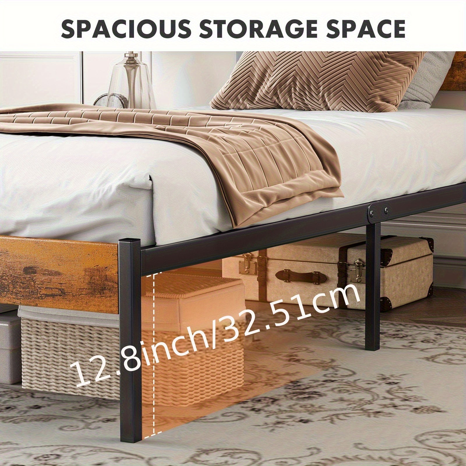 Metal Frame Bed Frame with Headboard, No Box Spring, Has Sturdy Wood Slats to Support 800 Lbs, Can Be Purchased Separately Or with a 2pcs Bedside Organizer (Fabric Drawer with 2 Storage Unit Compartments), Suitable for Bedroom, Living Room