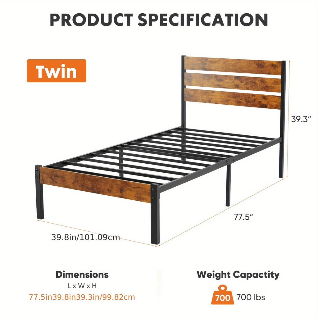 Metal Frame Bed Frame with Headboard, No Box Spring, Has Sturdy Wood Slats to Support 800 Lbs, Can Be Purchased Separately Or with a 2pcs Bedside Organizer (Fabric Drawer with 2 Storage Unit Compartments), Suitable for Bedroom, Living Room
