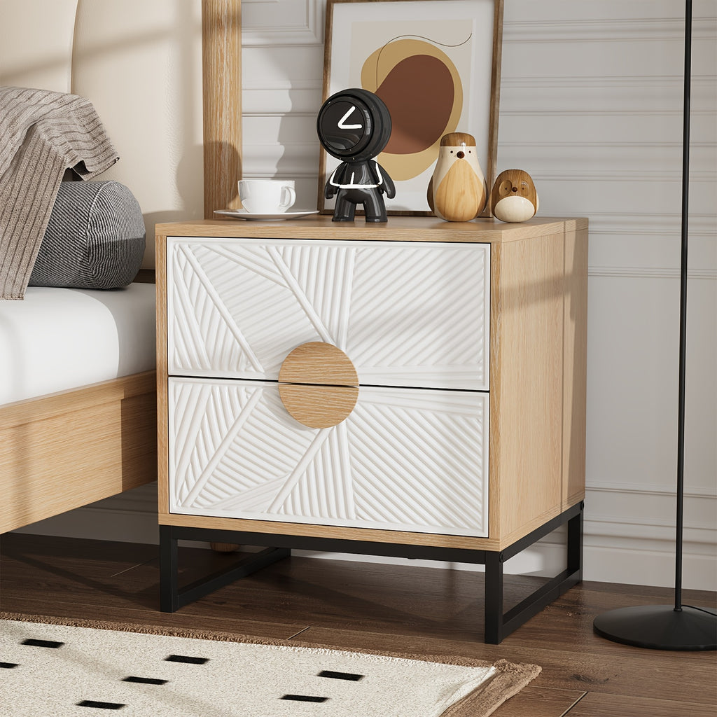 Mid-Century Modern Two-Drawer Nightstand with Carved White Textured Panels, Wooden Handles & Sturdy Metal Legs – 20.8\