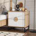Mid-Century Modern Two-Drawer Nightstand with Carved White Textured Panels, Wooden Handles & Sturdy Metal Legs – 20.8\