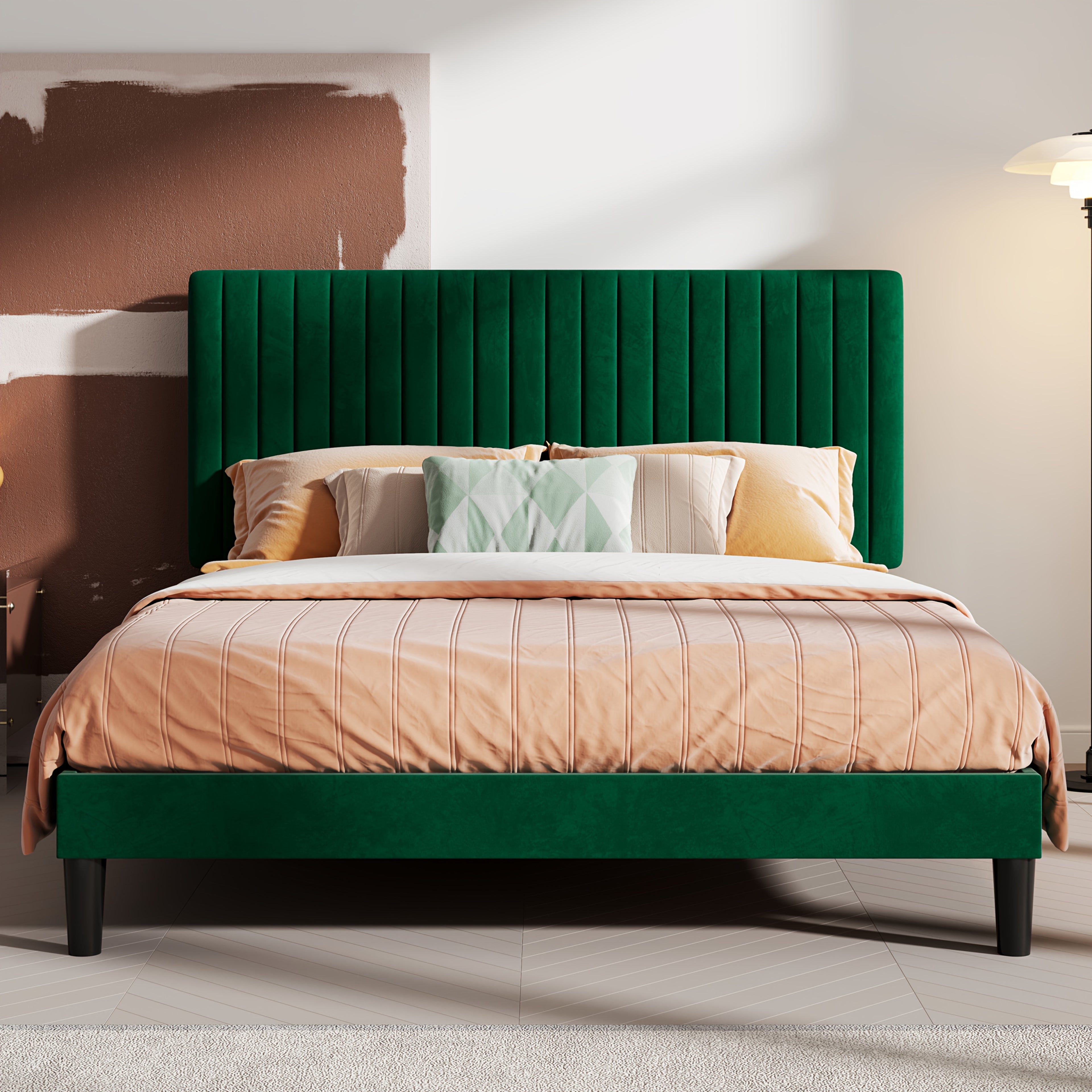 HOOMIC Velvet Upholstered Bed Frame with Adjustable Headboard, Contemporary Platform Bed Featuring Vertical Channel Tufting, Wooden Slats for Support, Optional Box Spring, Ideal for Home Bedroom Furniture, Free Shipping Available