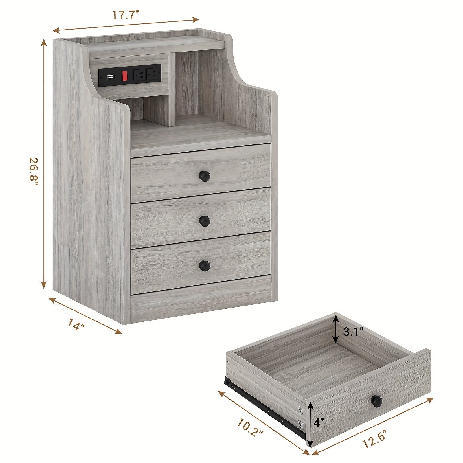 Nightstand with Charging Station, 2 USB Ports & 2 Outlets, Grey Nightstands with Hutch and 3 Drawers, Bedroom End Table