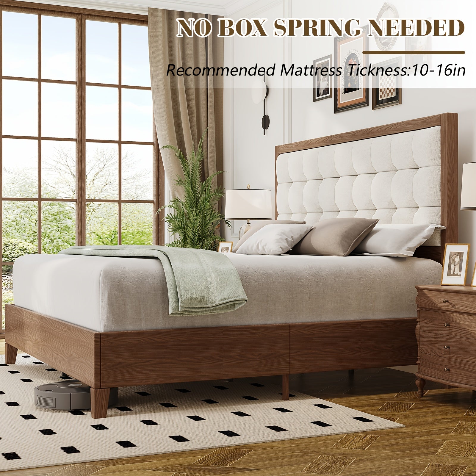 PaPaJet Wood Bed with Headboard Platform Bed Upholstered Tufted Headboard\u002FSolid Wood Bed No Box Spring Needed