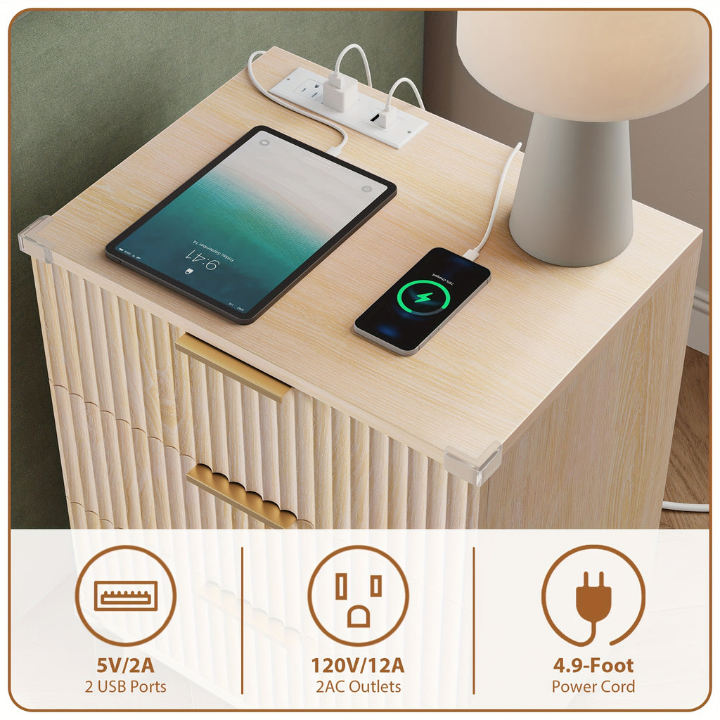 1pc Nightstand With Charging Station, Side Table With 3 Drawers, Bedside End Table With 2 USB Ports And 2 AC Outlets, Night Stand For Bedroom, Small Dresser For Small Spaces