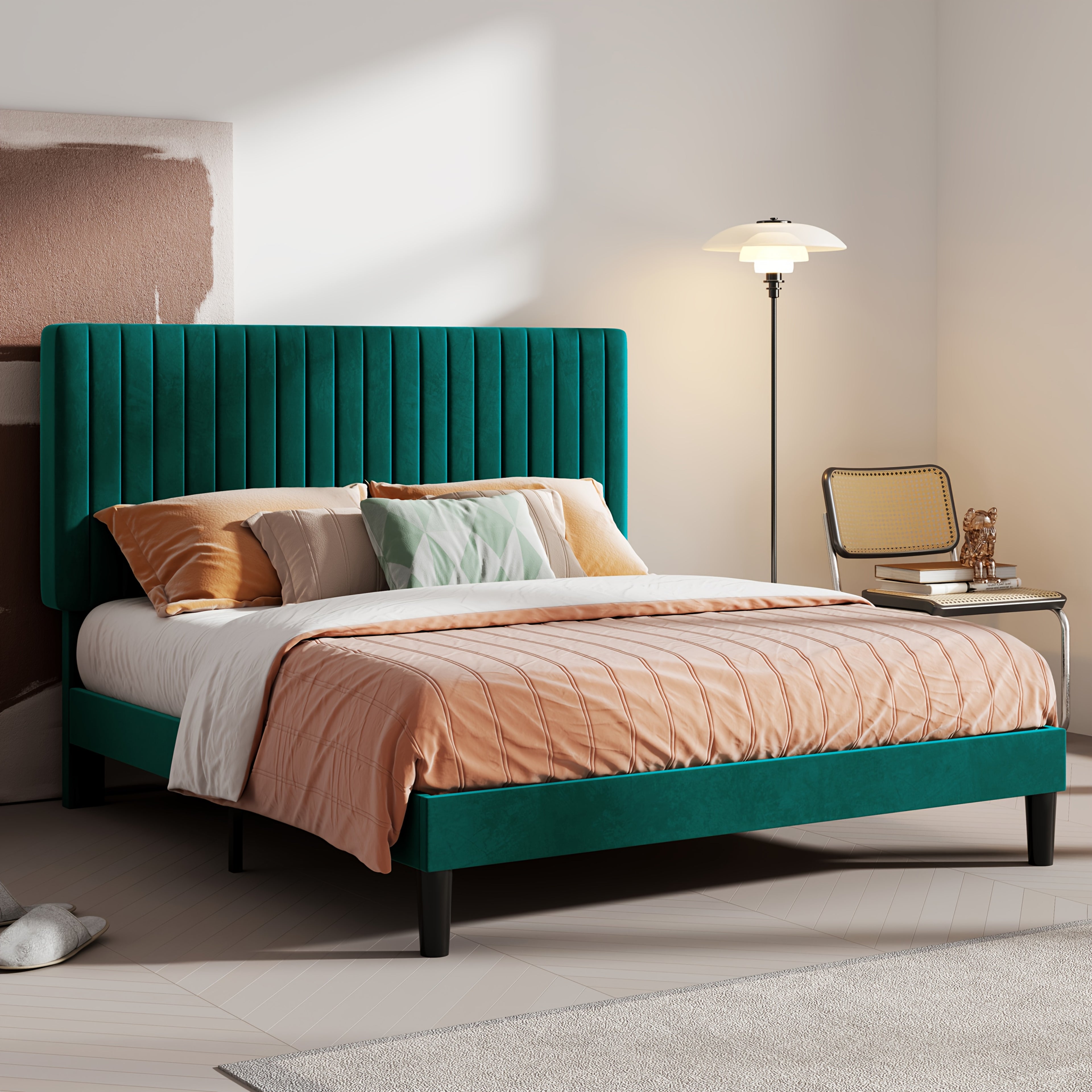 HOOMIC Velvet Upholstered Bed Frame with Adjustable Headboard, Contemporary Platform Bed Featuring Vertical Channel Tufting, Wooden Slats for Support, Optional Box Spring, Ideal for Home Bedroom Furniture, Free Shipping Available