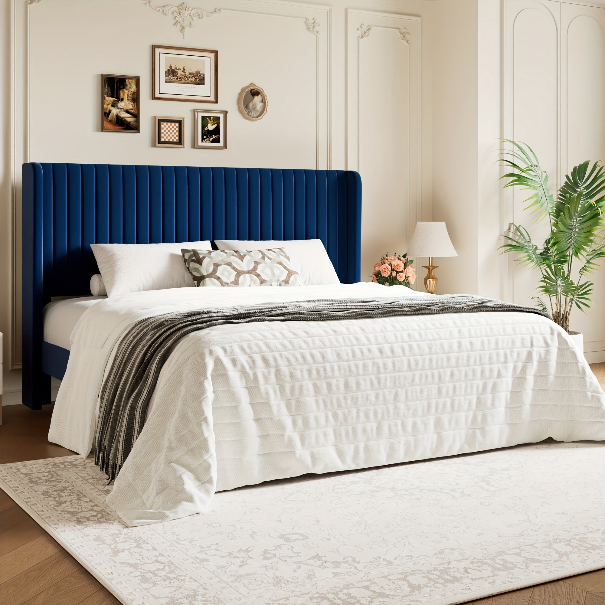 WEEWAY Wingback Velvet Upholstered Platform Bed Frame, Vertical Channel Tufted Headboard, Wooden Slats Support, Heavy Duty Mattress Foundation, No Box Spring Needed, Easy Assembly, Avabliable Full\u002FQueen\u002FKing Size, Free Shipping