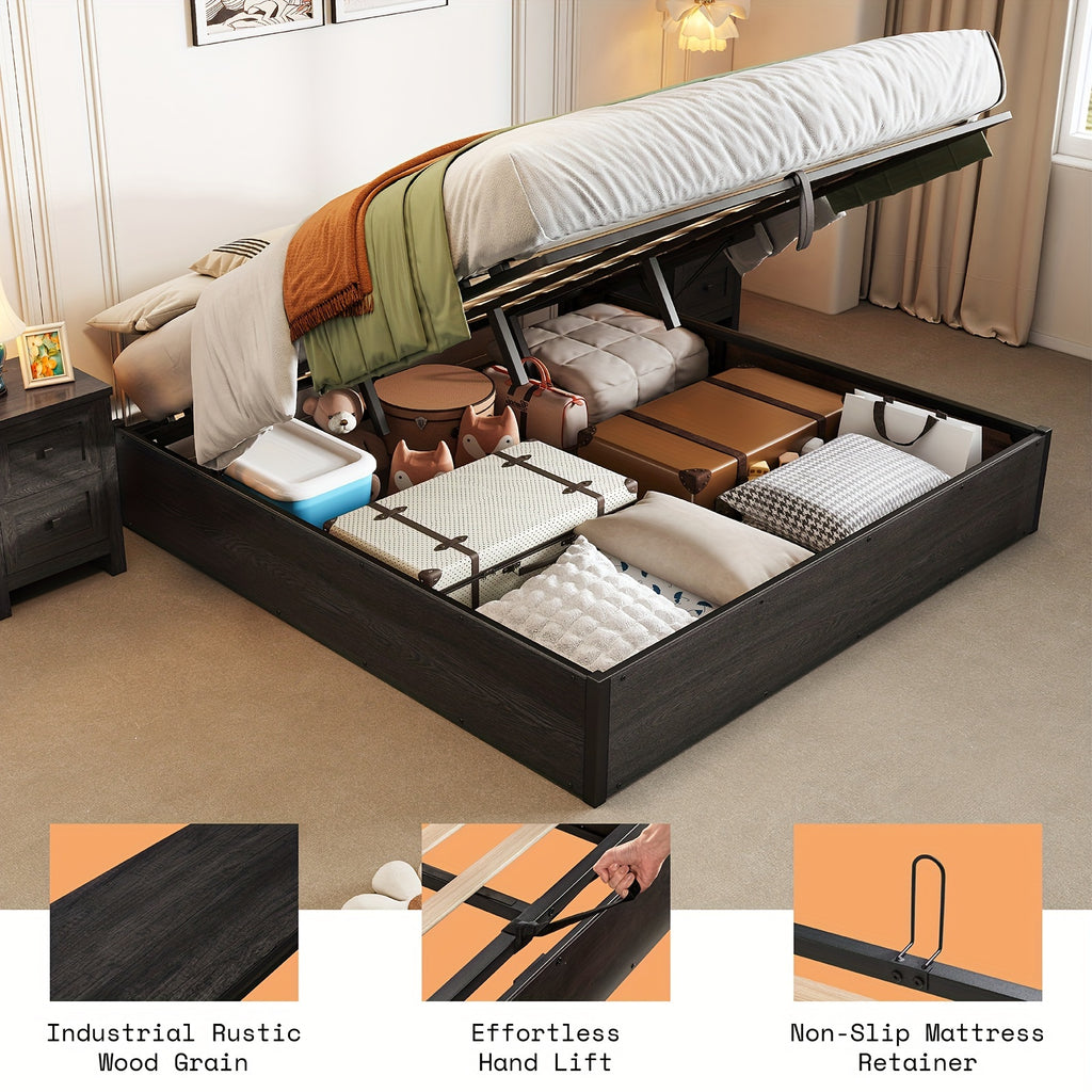 Lift Up Storage Bed with Storage Underneath, Wooden Platform Bed Frame, Solid Wood Slats Support, No Fixed Headboard, No Box Spring Needed