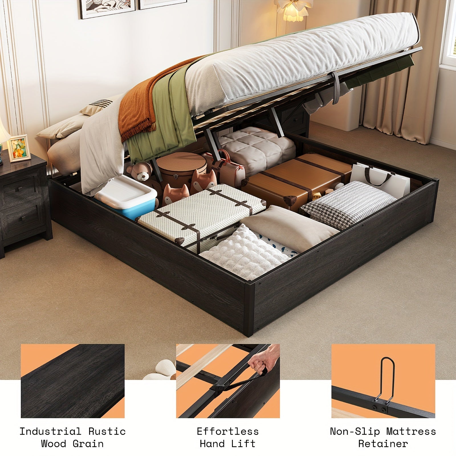 Lift Up Storage Bed with Storage Underneath, Wooden Platform Bed Frame, Solid Wood Slats Support, No Fixed Headboard, No Box Spring Needed
