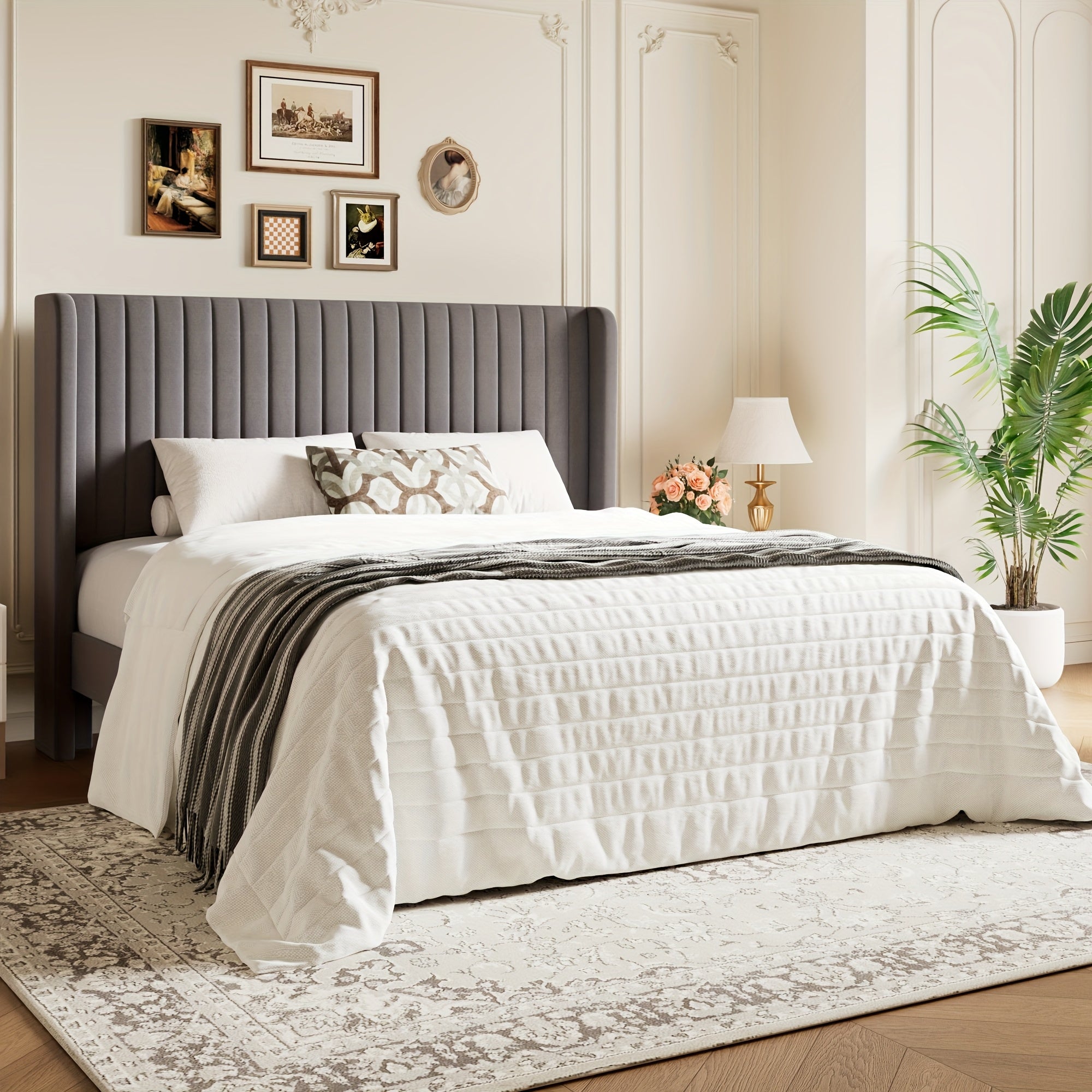 WEEWAY Wingback Velvet Upholstered Platform Bed Frame, Vertical Channel Tufted Headboard, Wooden Slats Support, Heavy Duty Mattress Foundation, No Box Spring Needed, Easy Assembly, Avabliable Full\u002FQueen\u002FKing Size, Free Shipping