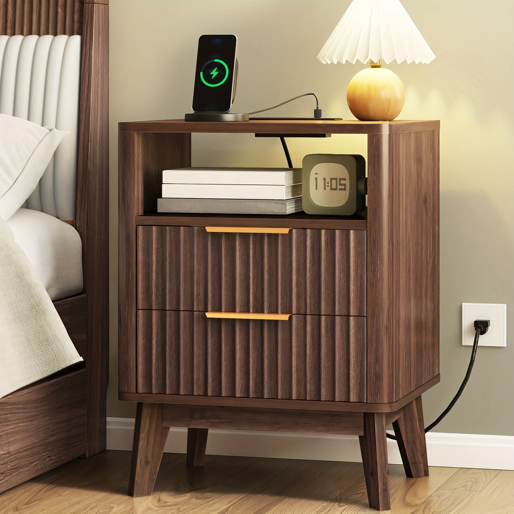 Large Fluted Night Stand with Charging Station | Mid Century Modern Bedroom Side Table with 2 Drawers and Open Storage Space, Wood Color, 17.7 x 13.7 x 23.6 inches, Hardwood and Artificial Board Material, TOMNK Brand