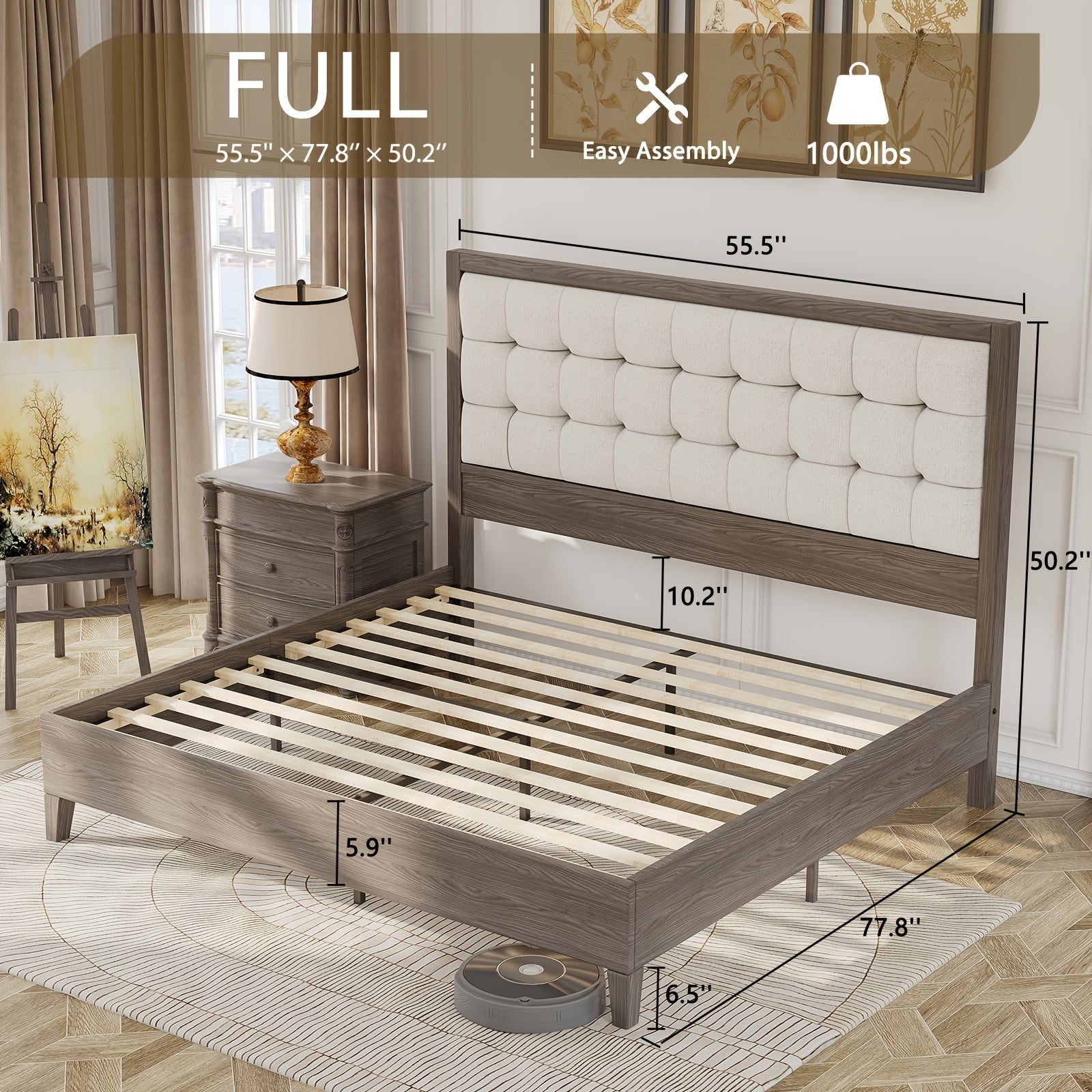 PaPaJet Wood Bed with Headboard Platform Bed Upholstered Tufted Headboard\u002FSolid Wood Bed No Box Spring Needed