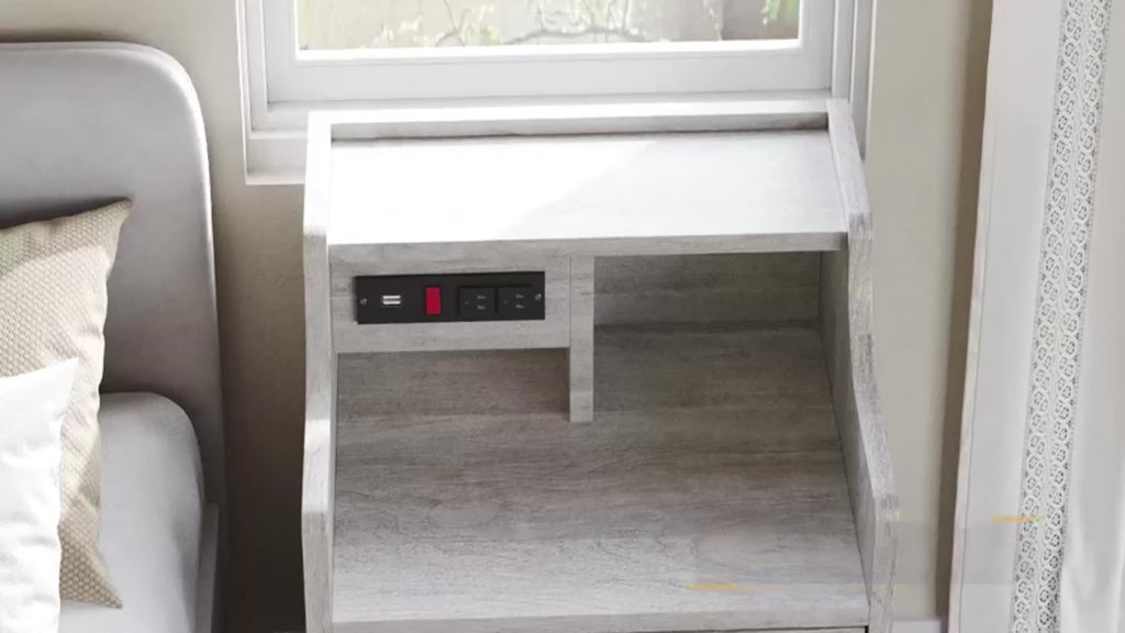 Nightstand with Charging Station, 2 USB Ports & 2 Outlets, Grey Nightstands with Hutch and 3 Drawers, Bedroom End Table