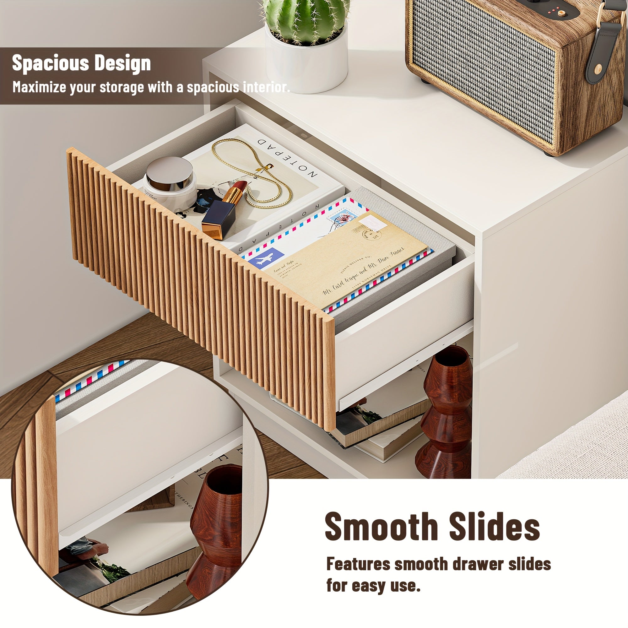 Set of 2 Modern Mid-Century White & Oak Fluted Nightstands - Bedside Tables with Drawer & Open Shelf, Particleboard &, Space-Saving End Tables for Bedroom, Living Room, Office, Sofa Side (Easy Assembly)